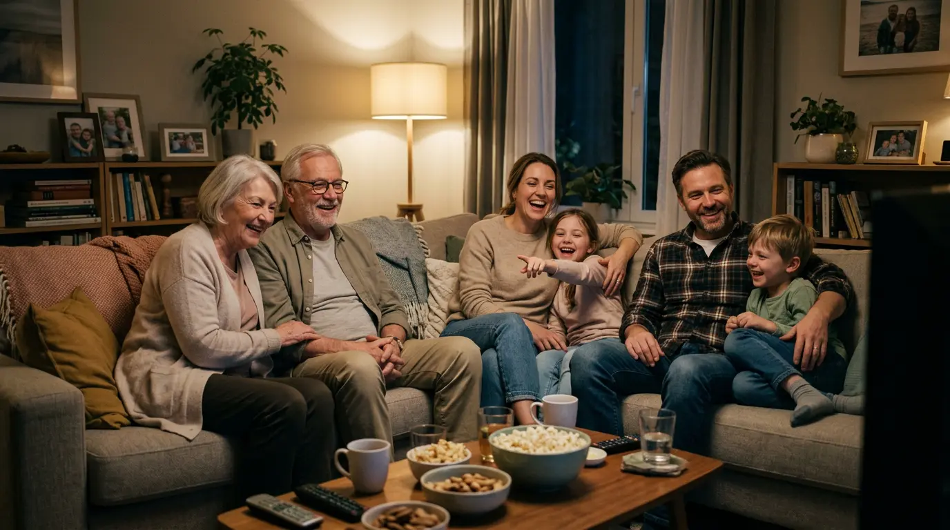 A family watching their digitized home movies together