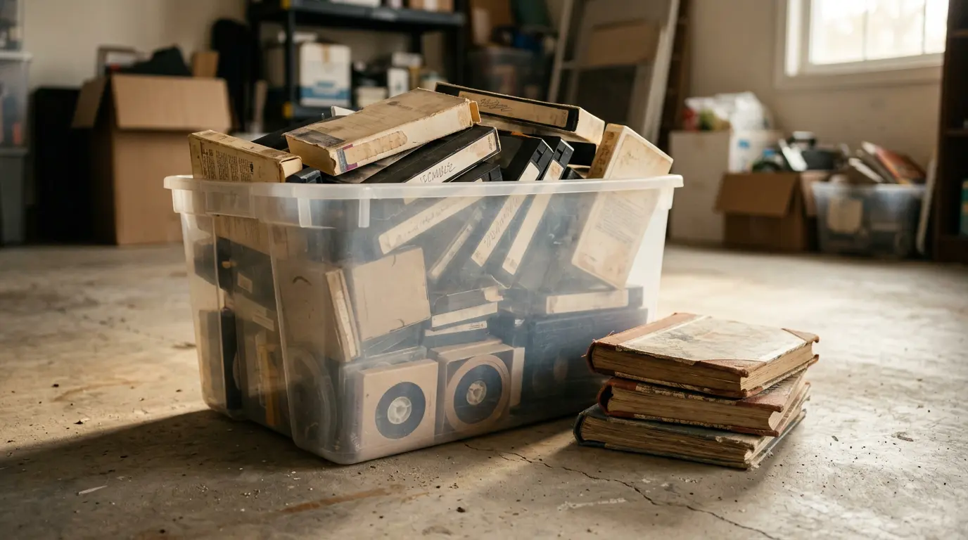 Boxes of home movies, film reels and photos ready to be digitized