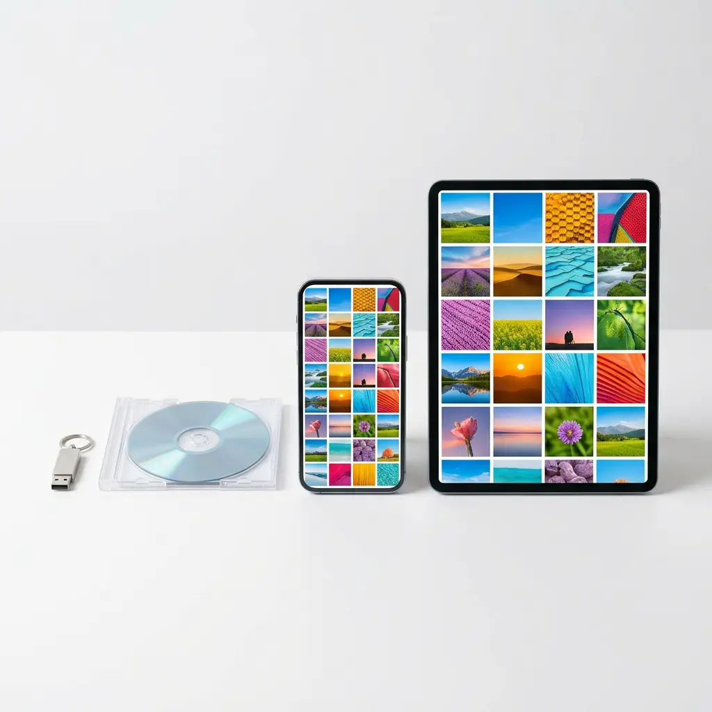 USB drive, DVD, tablet and phone with digitized memories